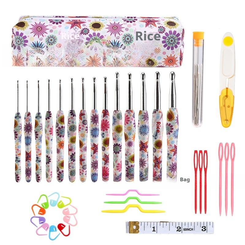 Soft Handle Printing Crochet Set 14 Pcs US Standard DIY Sweater Scarf Knitting Tool Pencil Case Packaging