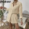 IHUASU Women's Spring and Summer Fashion Solid Colour Long-sleeved Shirt Suit Women Casual Loose Shorts Two-piece Set