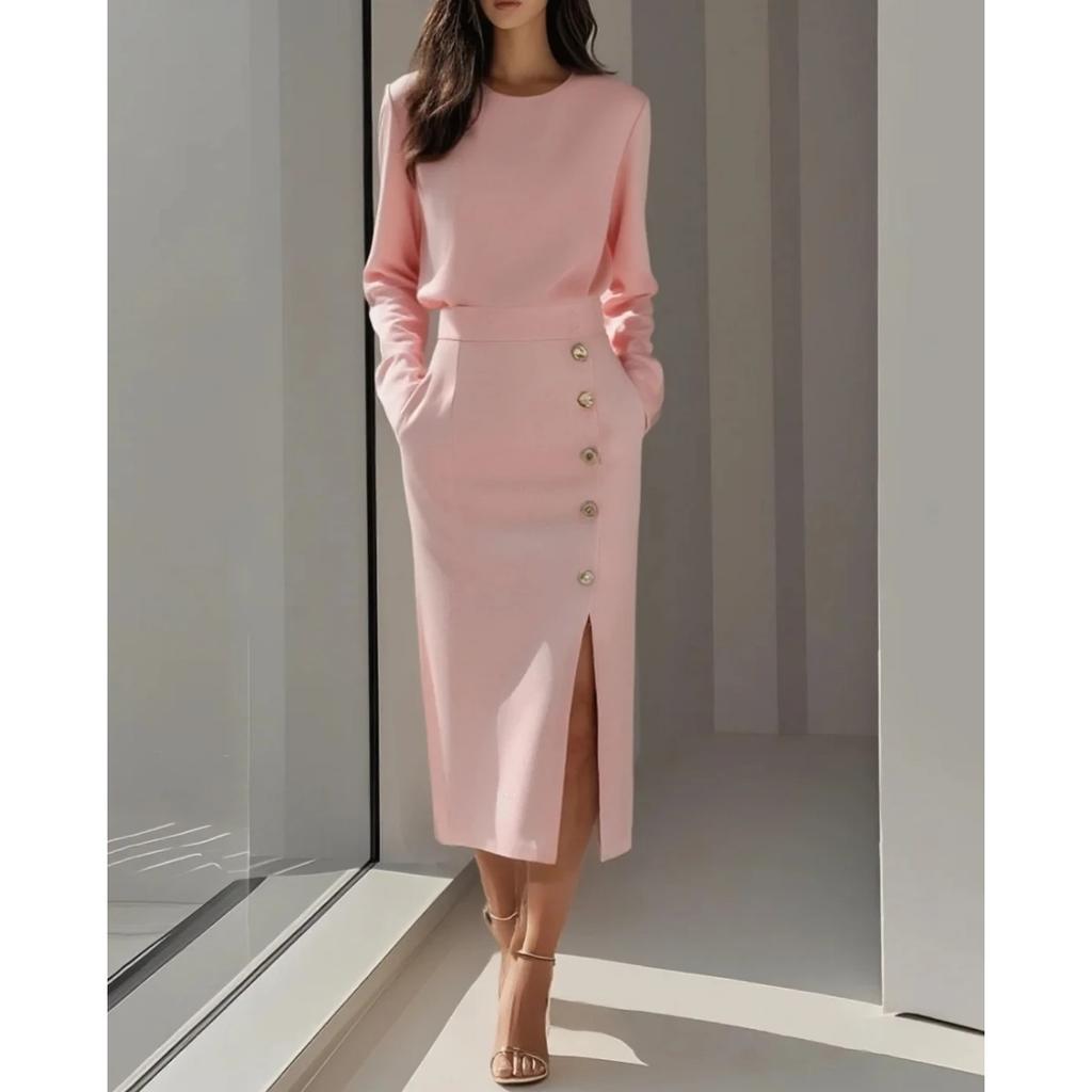 Women's  Solid Color Long Sleeves Elegant Midi Dress with Button Details and Side Slit - Crew Neck
