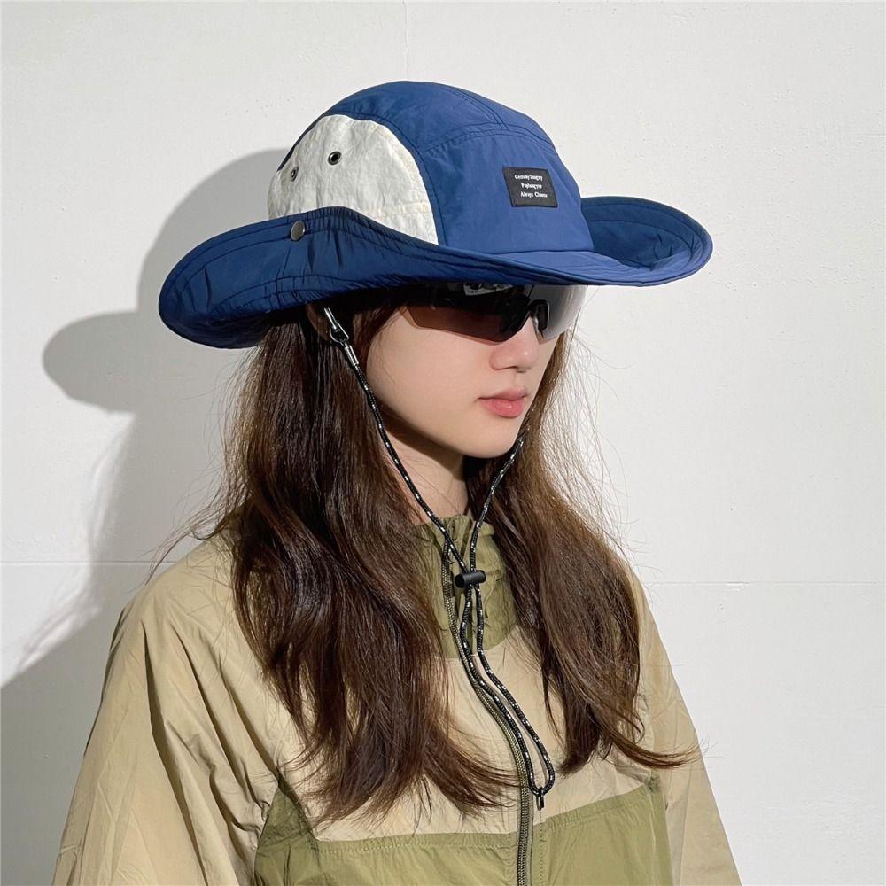 Cotton Wide Brim Sun Hat Splicing Color Hiking Hat Breathable Drawstring Fisherman Hat  Travel