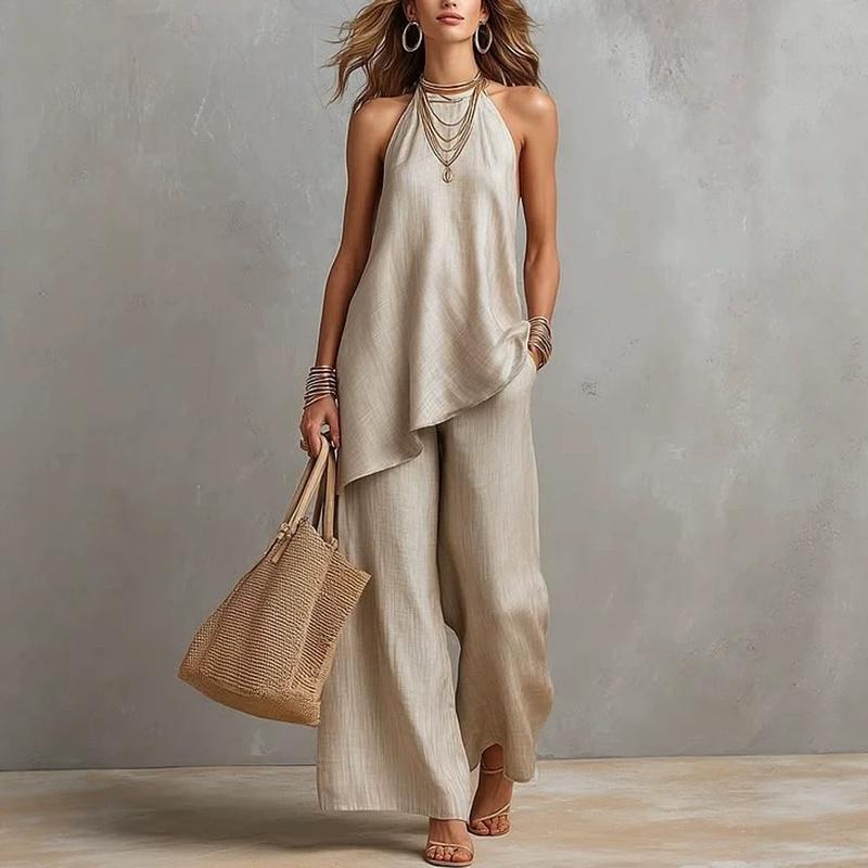 European Style Women Clothing Casual Round Neck Tank Set