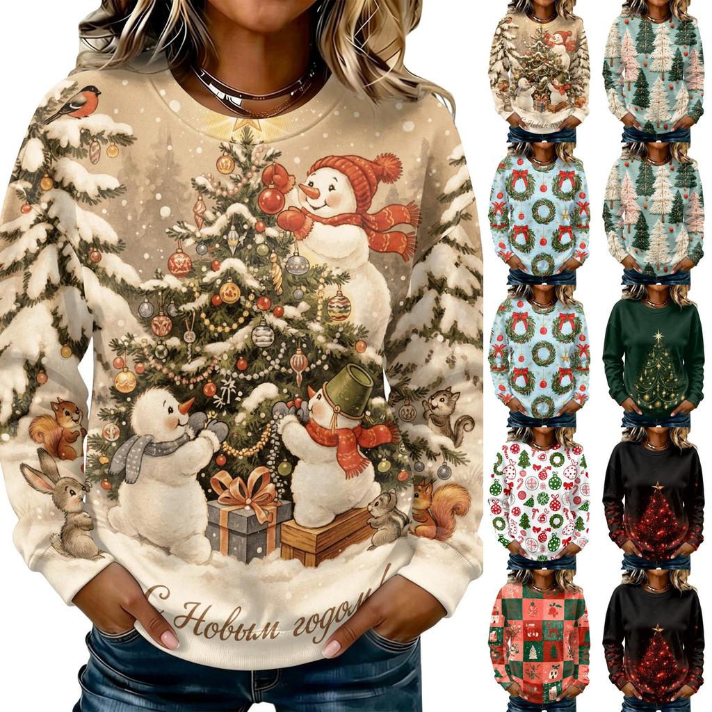 Women's Casual Long Sleeve Christmas Print Neck Pullover Sweatshirt Top