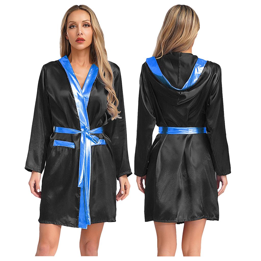 Damen Box Robe Halloween Cosplay Kostüm Langarm Offene Vorderseite Metallische Borte Satin Kapuze Umhang mit Gürtel