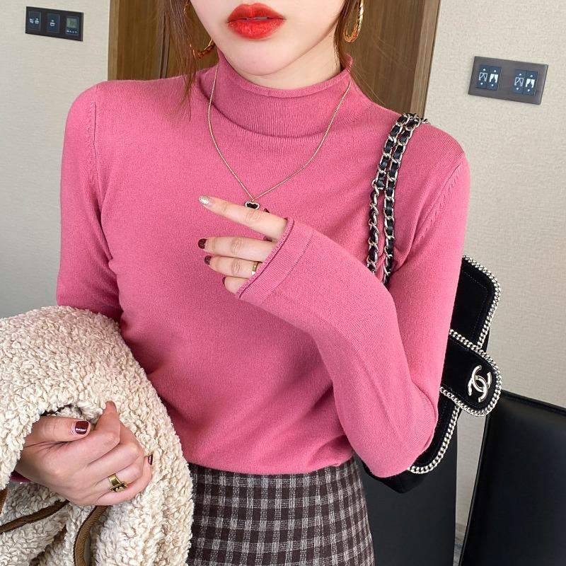 Høst Tynn Underdel Ensfarget Basis Pullover Genser for Kvinner Vinter Langermet Halvhøy Hals Strikkede Gensere Damer Elegant Casual Strikkeplagg 24843