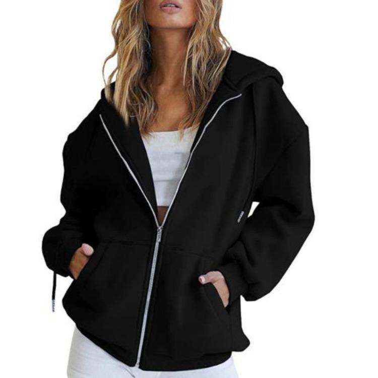 Women Warm Hoodie Winter Autumn Casual Loose Long Sleeves Cardigan Solid Color Zipper Hooded Drawstring Outerwear