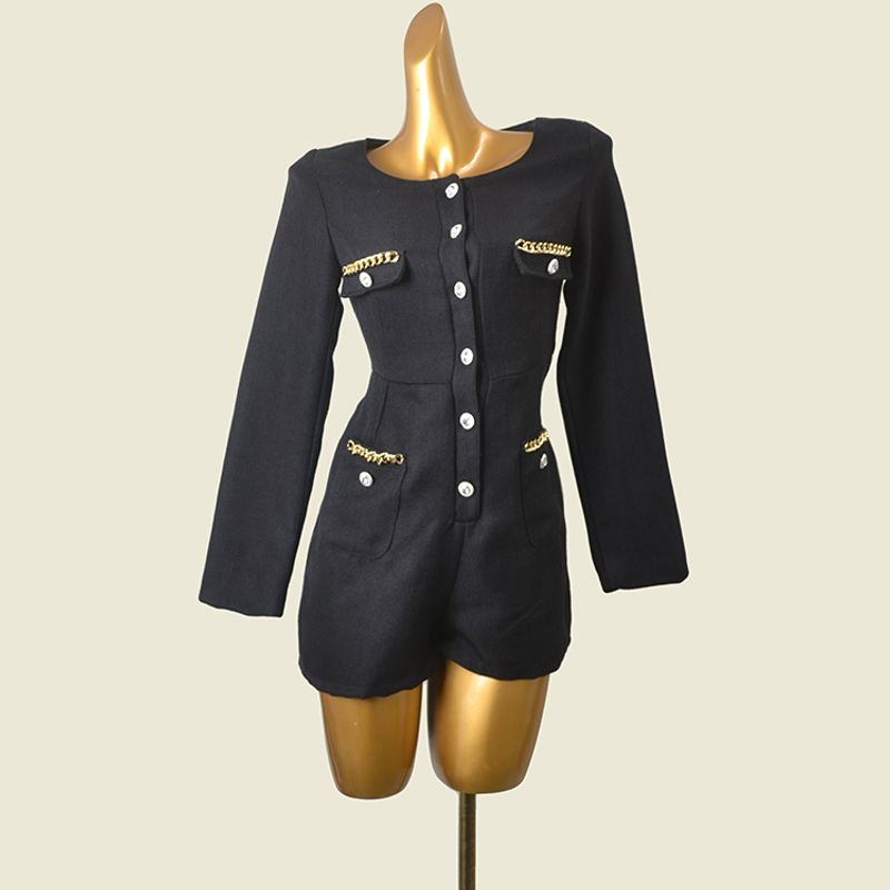 

Таиланд Нишевый Бренд круглый вырез заклепки пряжка металлическая цепочка украшение классический стиль шорты длинные рукава экспортный комбинезон Black S