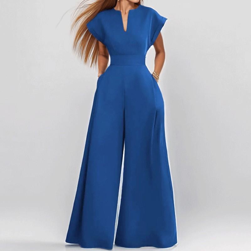 Women's Fashion Elegant Solid Color Loose V-Neck Short Sleeve Wide Leg Jumpsuit