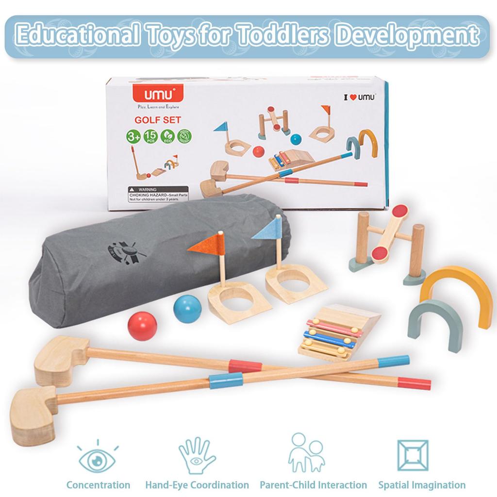 UMU 15-Piece Wooden Mini Golf Set with Obstacles, Balls, Clubs, and Accessories, Suitable for Indoor and Outdoor Play, Montessori-Style Educational