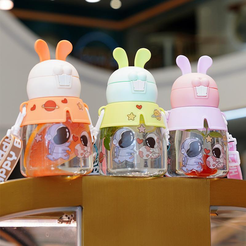 Water bottle high value children's elastic cover plastic water cup rabbit portable with straw cute rabbit large capacity strap cup