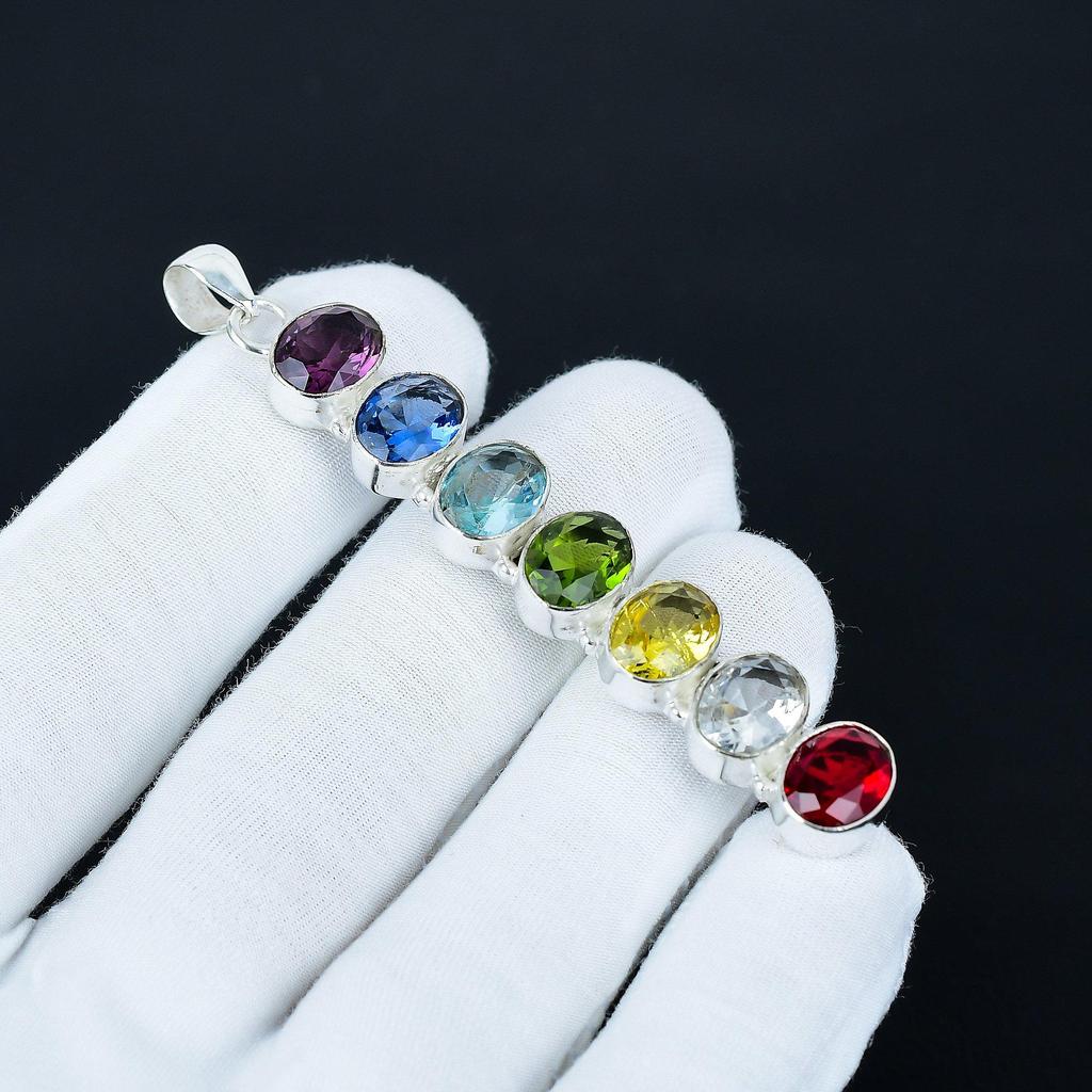 Beautiful 7 Chakra Pendant, 925 Sterling Silver Pendant, Handmade Pendant, Antique Pendant, 7 Chakra Gemstone Pendant, Party Wear Gift