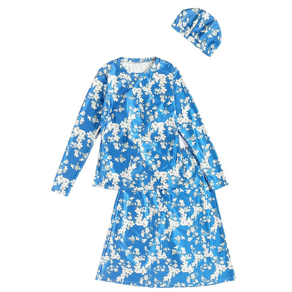 Kadın Müslüman Mayo Şapka Baskılı Mayo Plaj Giyim Kadın Mayo 3 Parça Takım Uzun Kollu Su Geçirmez Mayo