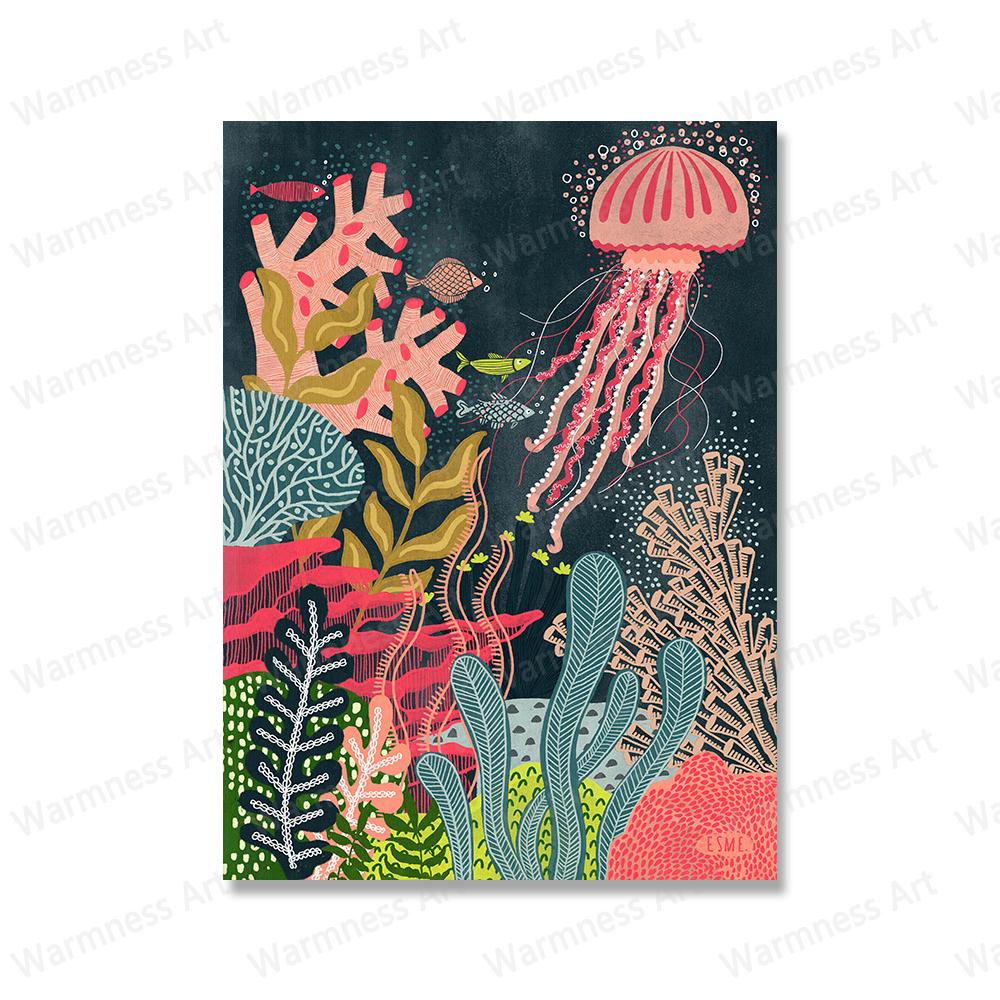 Palm Tree Tropical Botanical Wall Art Canvas Painting Picture Ocean Jellyfish Rainbow Posters Animal Birds Prints for Home Decor No Frame