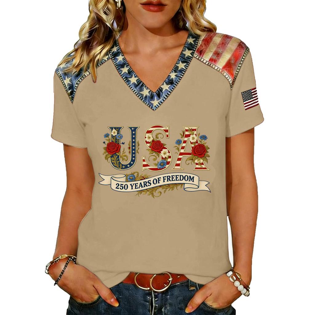 Womens V Neck Short Sleeve Pullover T Shirt with Printed Decorative and Comfortable Loose Fit for Casual Daily Wear