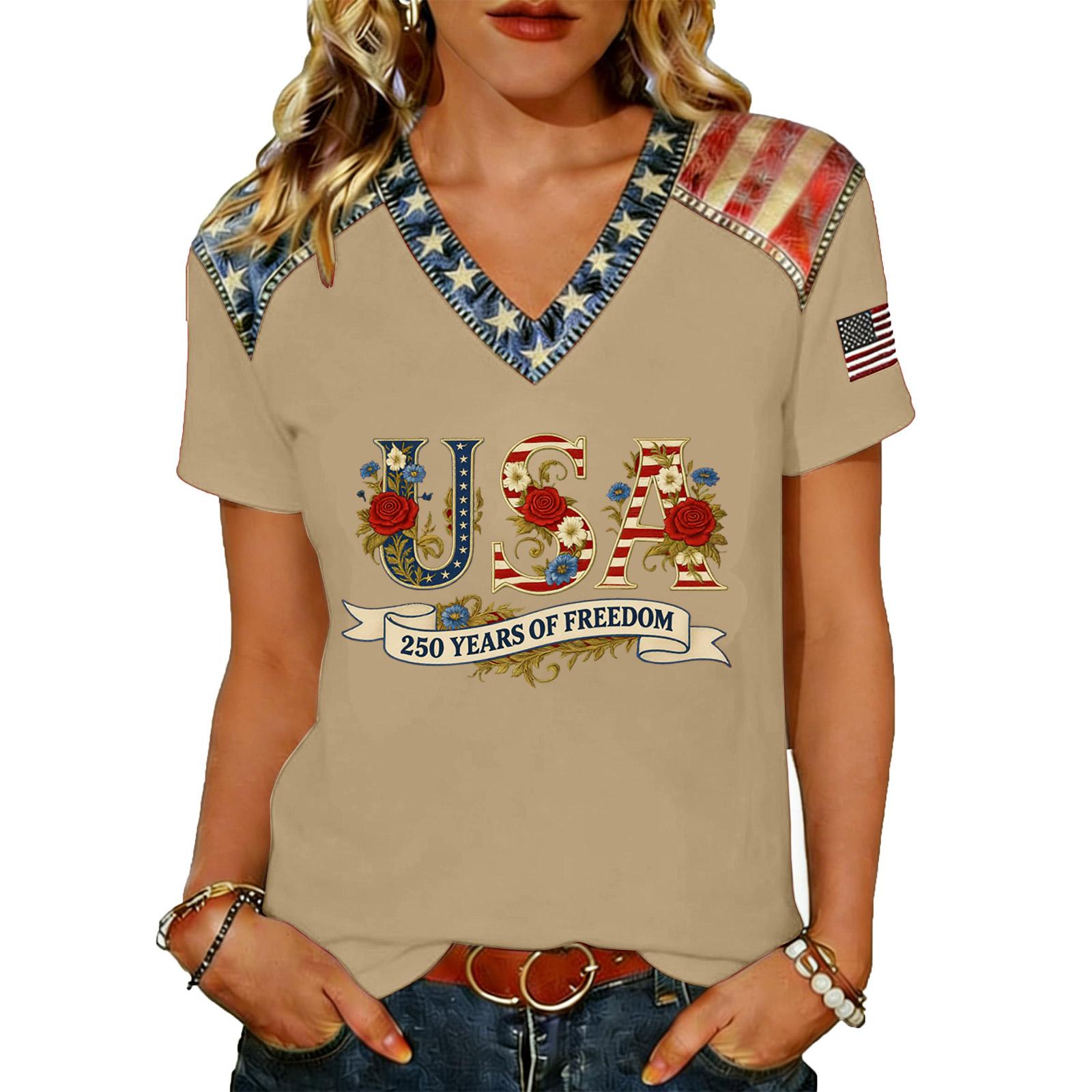 

Women s Casual V Neck Short Sleeve Pullover T Shirt USA Graphic Print Lightweight Soft Fabric Comfortable Fit Summer Top XL бежевый