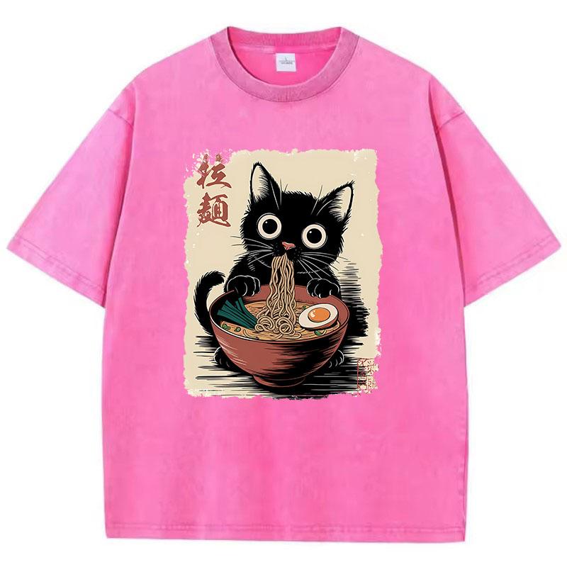Oversize Japanese Style Ramen Cat T Shirt Vintage Washed Cotton T-Shirt Graphic Tee Casual Streetwear Spring Summer