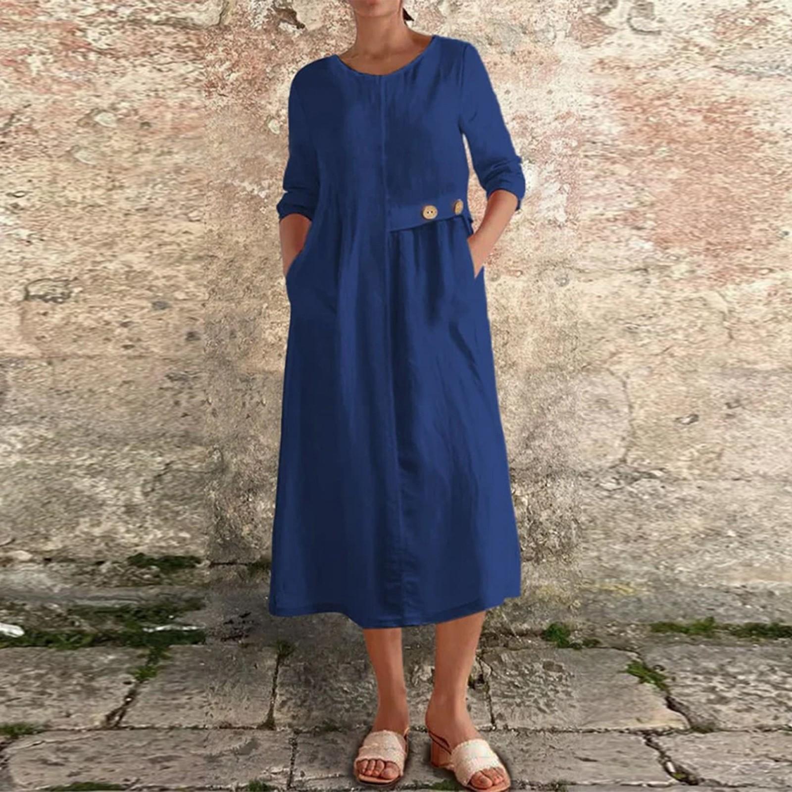 

Women s Fashionable Solid Color Round Neck 3/4 Sleeved Casual Button Pocket Cotton And Linen Dress XL