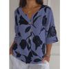 Women's V Neck Half Sleeve Straight Fit Floral Print Cotton Linen Blouse Casual Top