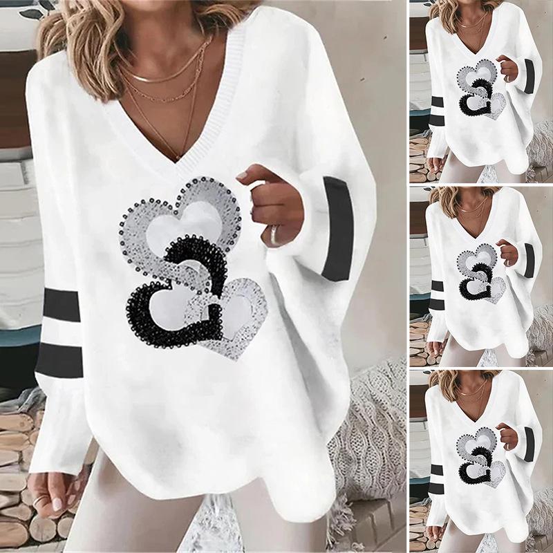 2023 Women's V-Neck Geometric Heart Sweatshirt: Casual Autumn/Winter Long-Sleeved Loose Fit