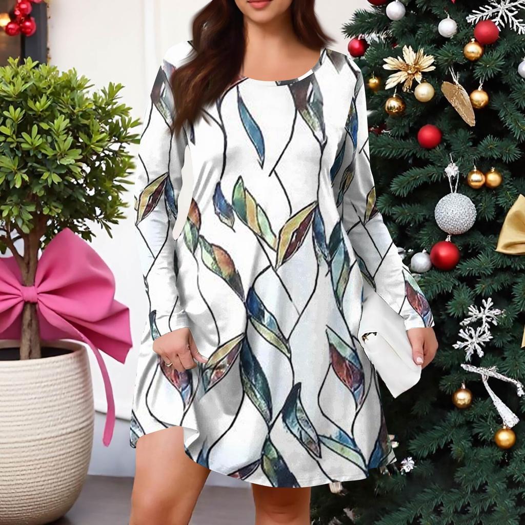 Plus Size Women's Gradient Print Casual Spring/Autumn Pocket Round Neck Long Sleeve Dress