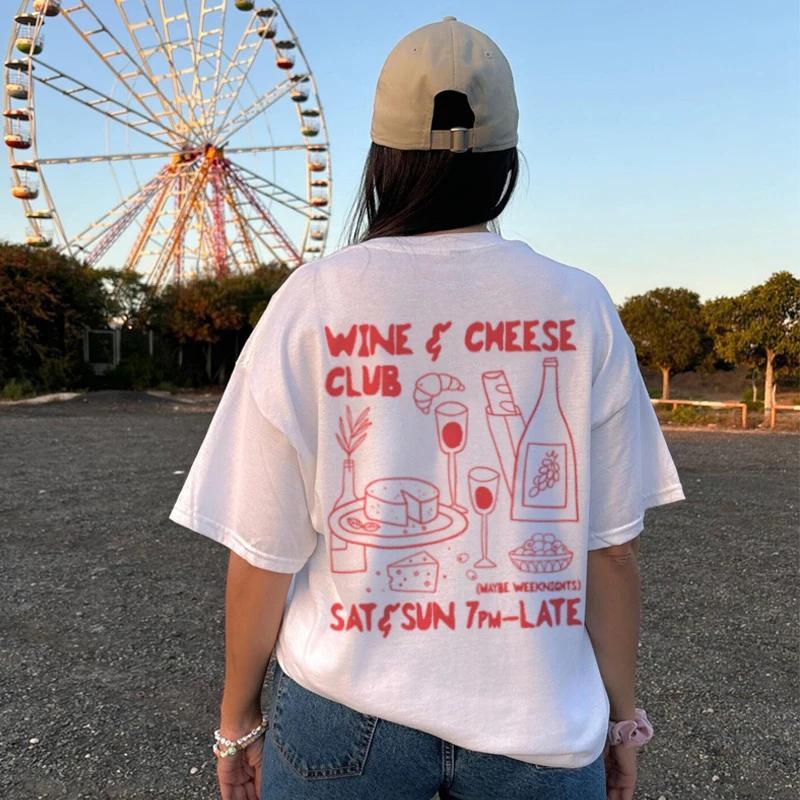 Retro Style Wine Cheese Club Graphic Tees Unisex Cute Funny Food Lover T Shirt Loose Vintage Streetwear Tshirt Unisex Fashion Top