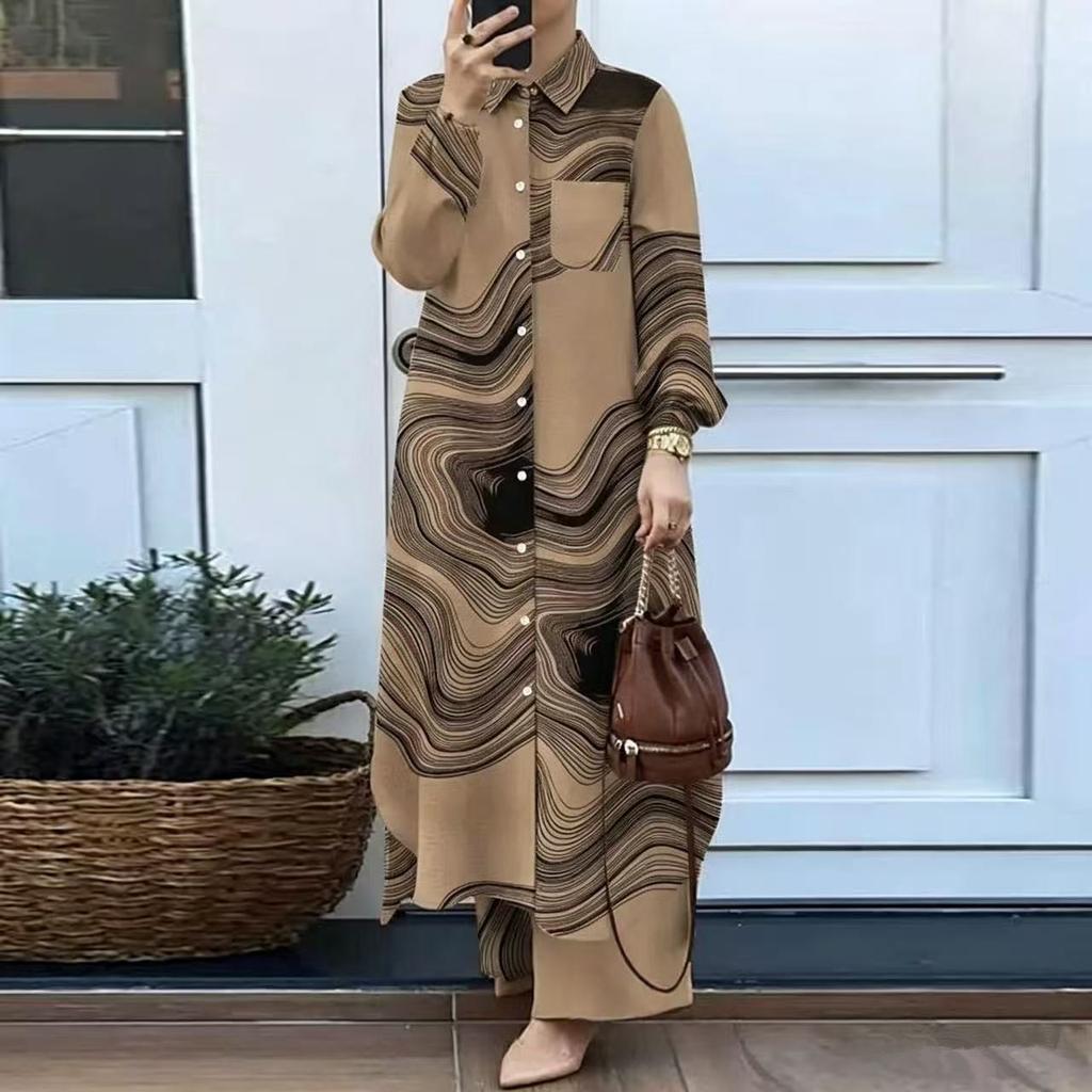 Women Solid Two Piece Outfit Lapel Long Shirt Maxi Blouse Wide Leg Pants Set Elegant Modest Muslim Abaya Suit Spring Daily Wear For Middle East Market