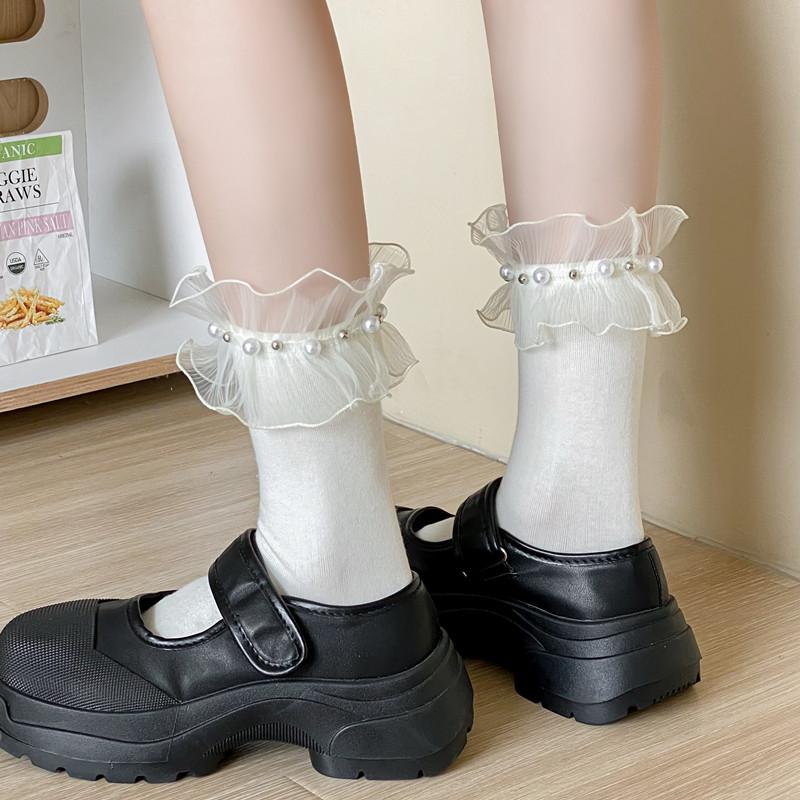 Wpmem'S Summer Spring Cotton French Sweet Style Jk Lace Midtube Socks Organza Fashion Wooden Ear Pile Pile Socks Pearl Stockings