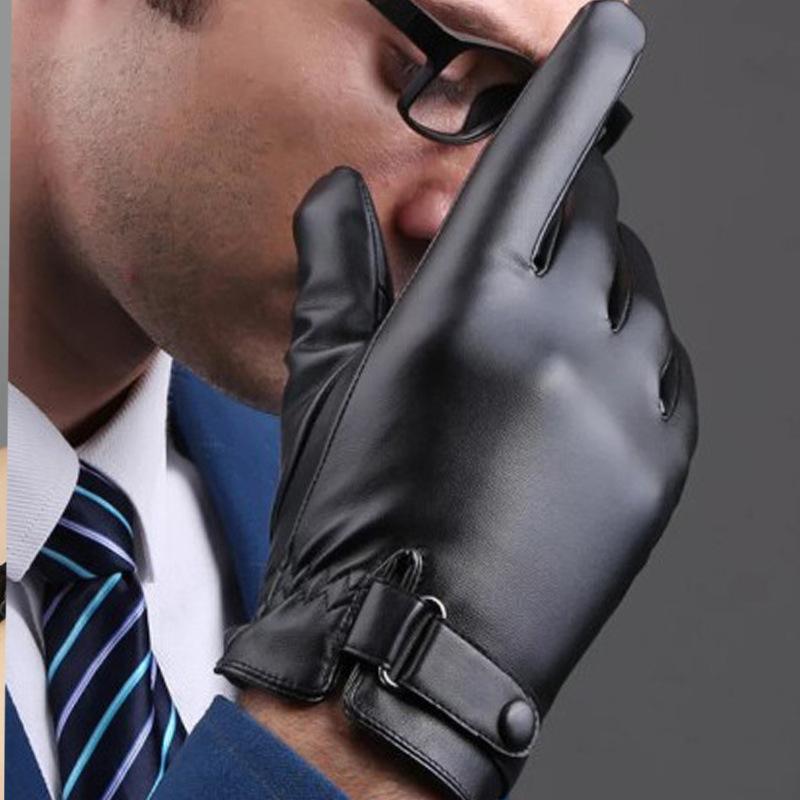 Touch screen leather gloves men's velvet button design imitation leather autumn and winter Korean version cycling driving gloves