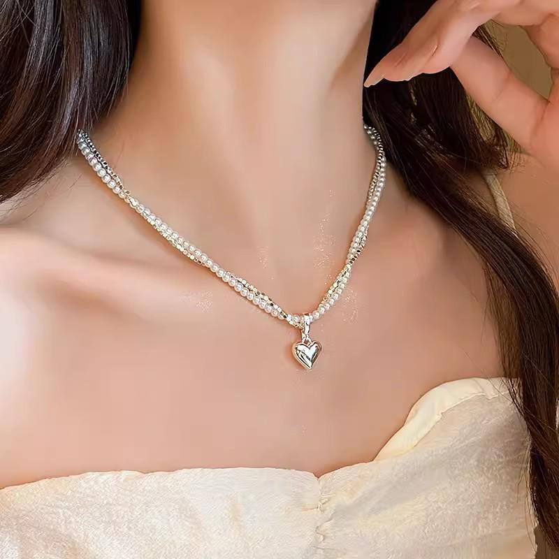 S925 Sterling Silver Double Layer Pearl Heart Necklace - Women's Luxury Clavicle Chain