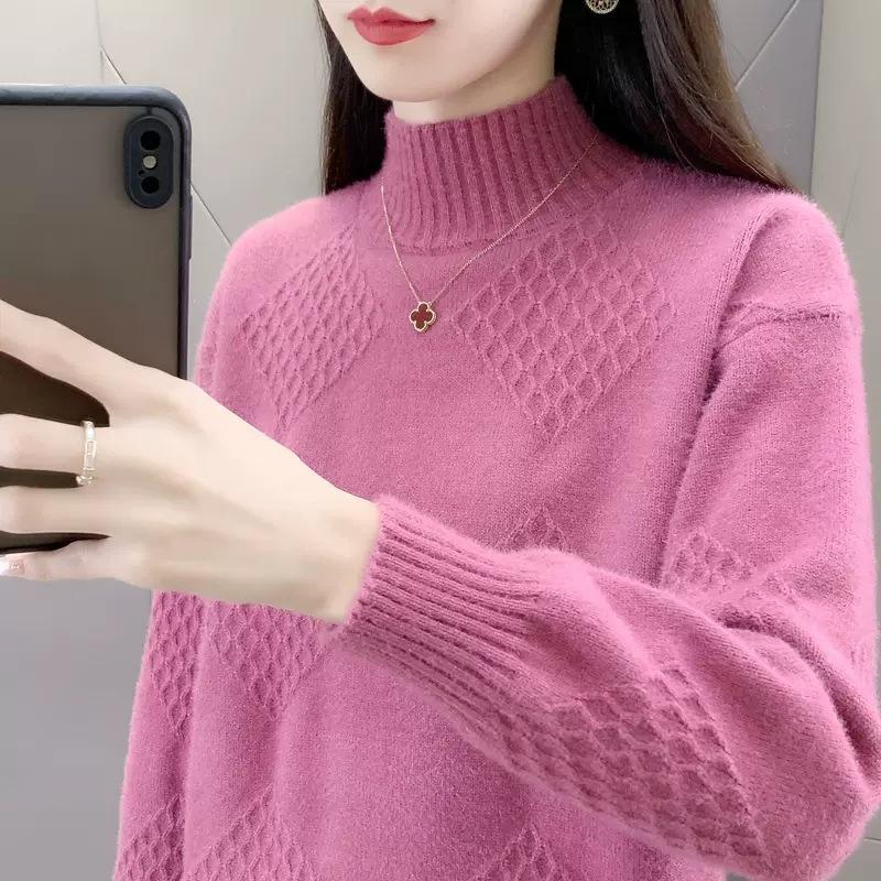 Women's Knitted Sweater Retro Top Sweater Autumn and Winter Semi High Neck Thick Warm Sweater