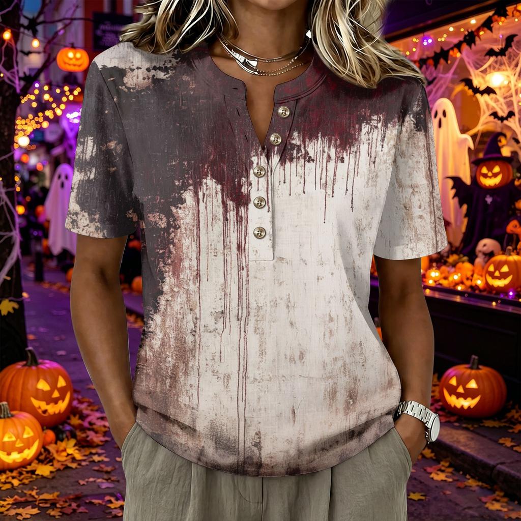 Women's Short Sleeve Henley Shirt Cotton Linen Blend Casual Buttoned Neck Top with Halloween Inspired Pattern and Relaxed Fit