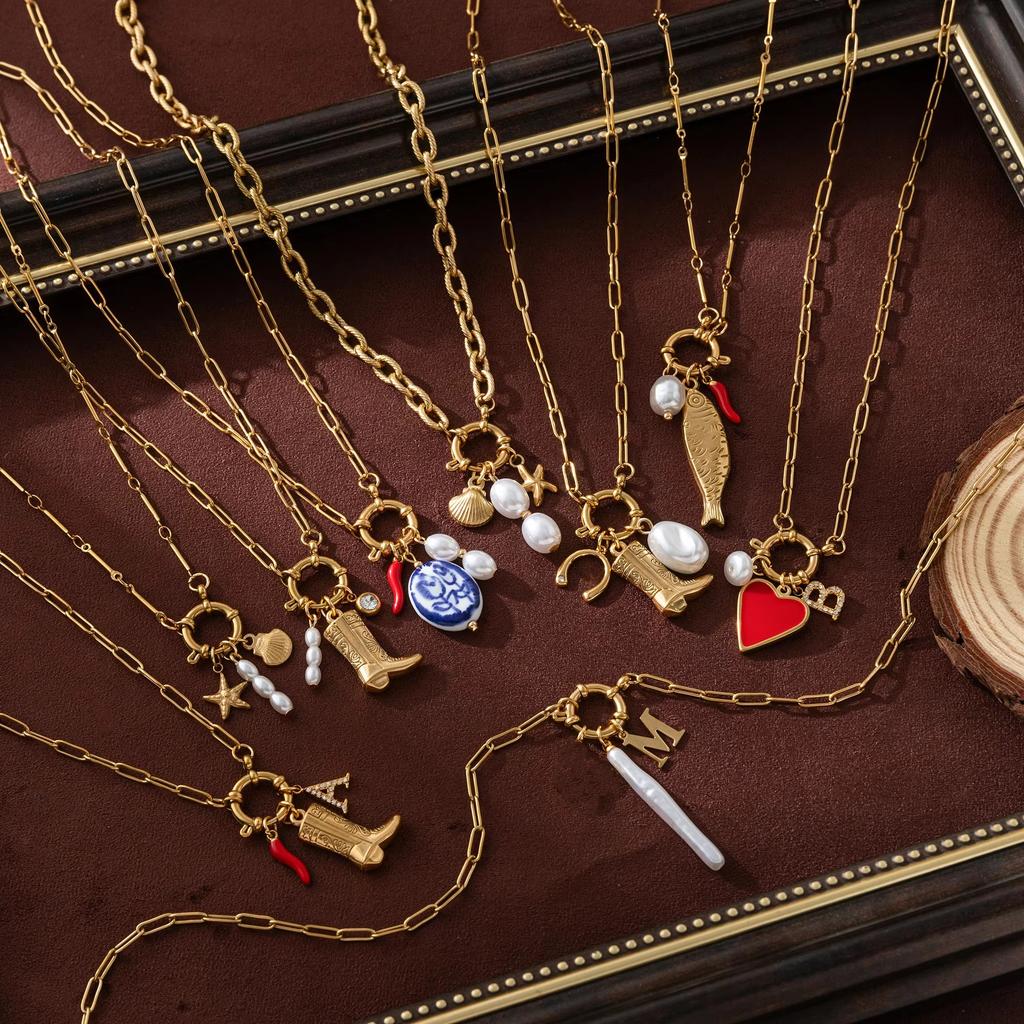 Retro Fish Boots Flower Loop Necklace with Multiple Pendants DIY Boots Love Pearl Plated 18K Gold Color Preserving