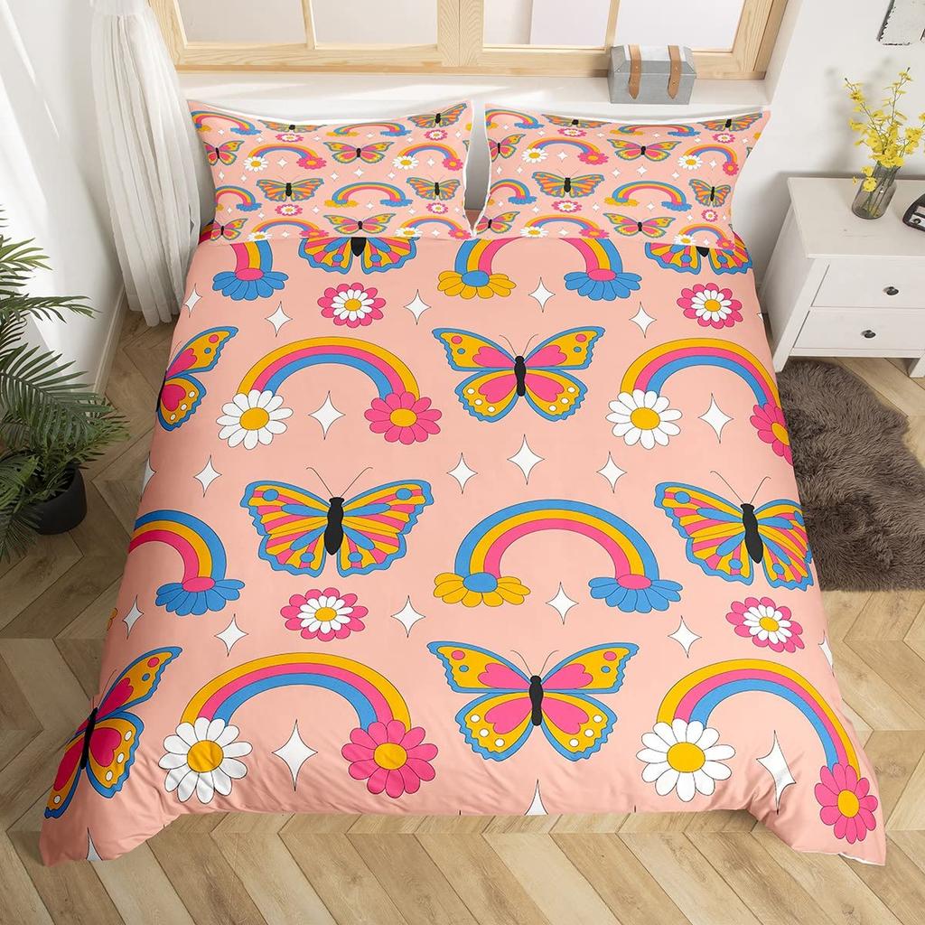 Vintage Groovy Flower Duvet Cover Cute Rainbow Butterfly Bedding Set Retro Floral Boho Pink Comforter Cover with 2 Pillow Case