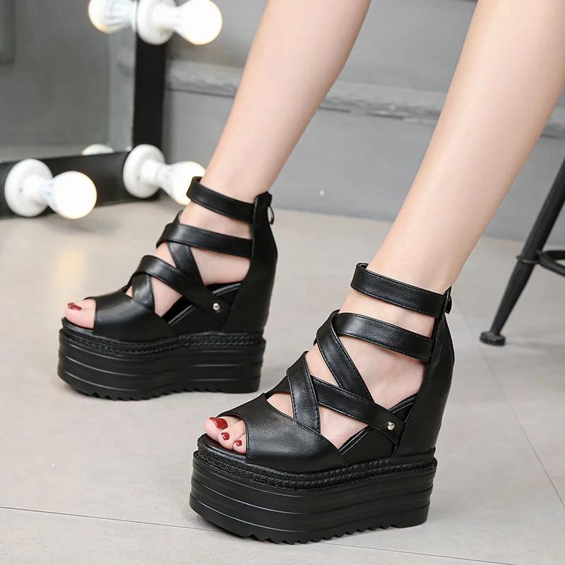 Fashion 13CM Summer Thick High Heels Sandals for Women Black Punk Platform Gladiator Shoes Fashion Zipper Peep Toe Women Pumps Trend