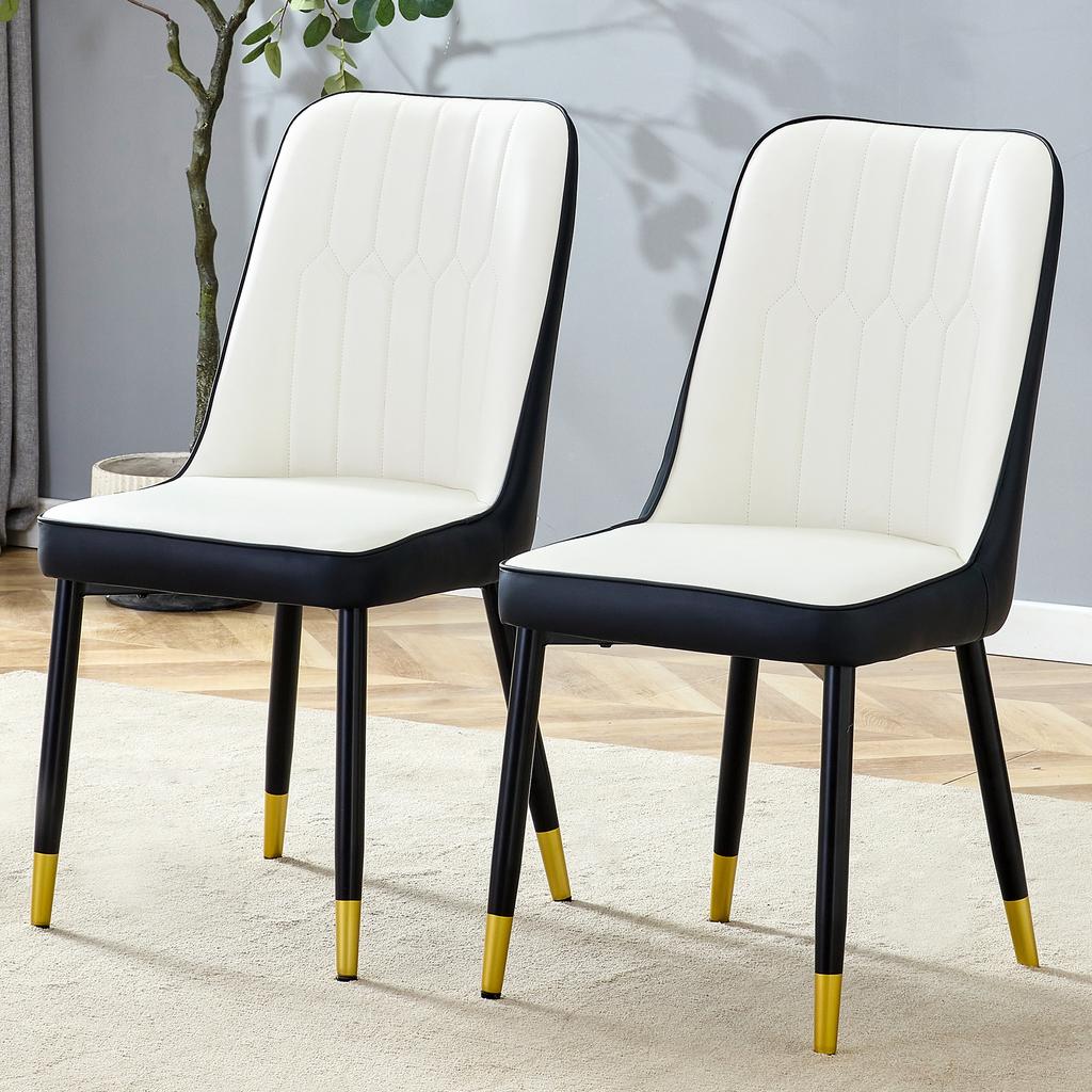 Set of 2 Modern Dining Chairs with PU Leather Backrest in Black-White Combination and Black Metal Legs.