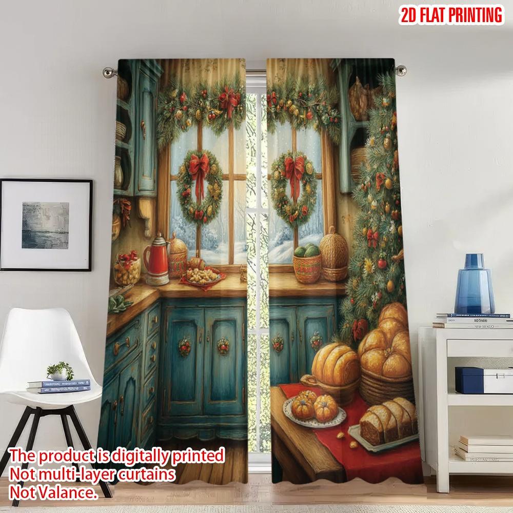 

Set Of 2 Flat Printing Merry Christmas Party Curtains Cozy Kitchen Winter Scene Digital Printed Polyester Drapes Curtain Ideal For W100*H70(CM)-Grommet top&2PCS