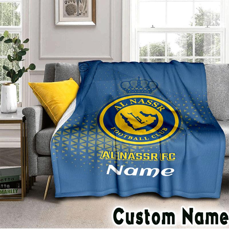 Custom Name Nassr FC Crest Throws Blanket Flannel Blankets for Couch Bed Gifts for Men Women Picnic blanket Christmas fan gifts
