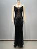Trägerloses Abendkleid mit tiefem V-Ausschnitt, Netzstoff, hoher Taille, Perlen-Serie - Schwarz & Weiß