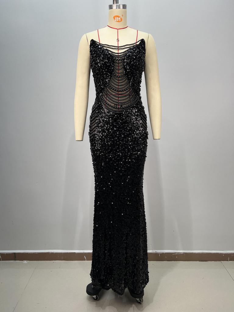Trägerloses Abendkleid mit tiefem V-Ausschnitt, Netzstoff, hoher Taille, Perlen-Serie - Schwarz & Weiß