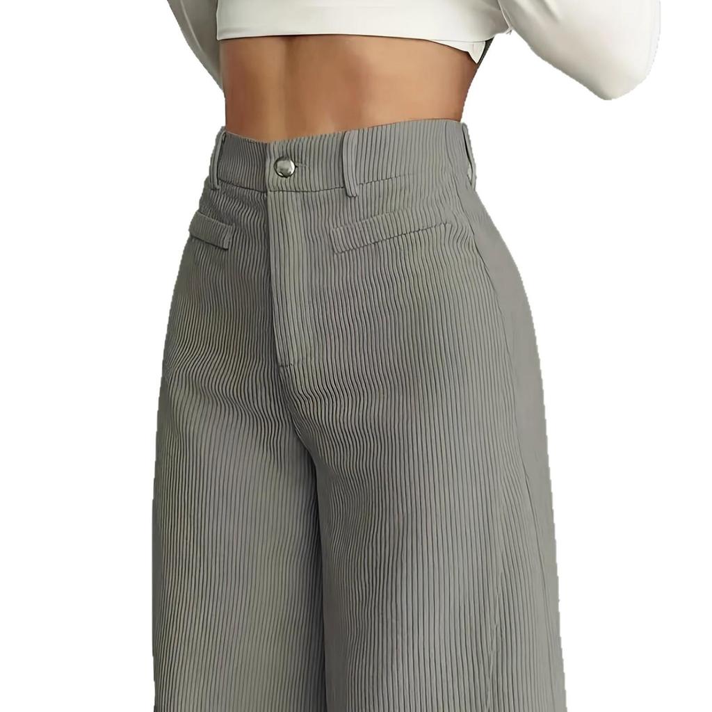Pantaloni da Donna a Vita Alta a Gamba Larga, Pantaloni Casual Basici con Dettaglio Bottone, Grigio Uniforme