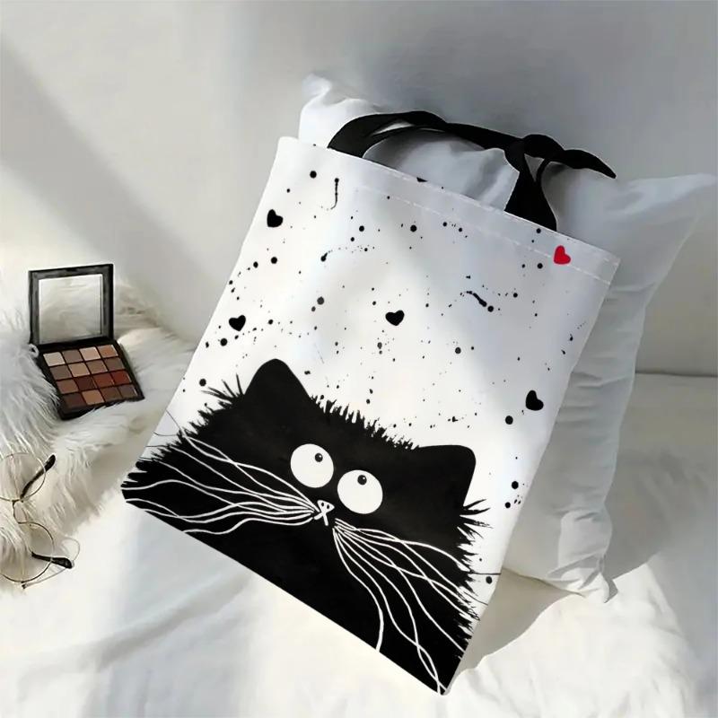 1pcs Linen Shopper Reusable Tote Cute Cats Print Grocery Storage Bag Portable Large Capacity Shoulder Bag Shoulder bag