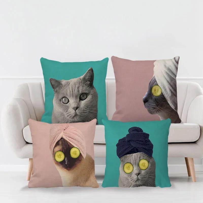 45x45cm Cute Pet Cat Face Decorative Animal Cushion Cover for Sofa Vintage Home Couch Linen Pillows Case
