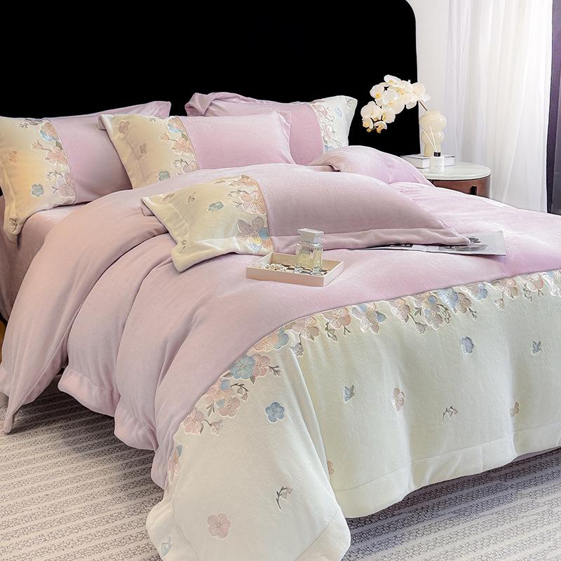 Embroidered Extra Thick Milk Velvet Four-Piece Winter Bedding Set—Duvet & Fitted Sheet, Full Matte Double Color