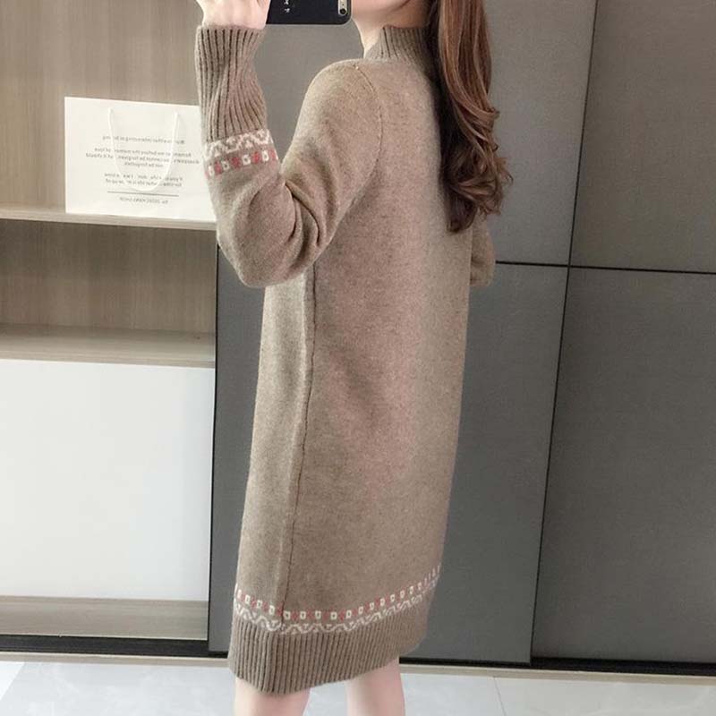 Svetr pro ženy Podzim Zima Zesílený Hřejivý Pletený Pružný Dlouhý Rukáv Oversize Pletené Svetrové Šaty Top
