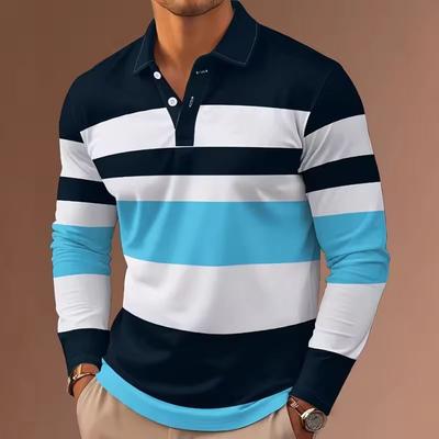 Estampa Listrada Impressão Digital 3D 2025 Nova Moda Masculina Camisa Polo Manga Longa Poliéster Confortável Casual Uso Diário Design