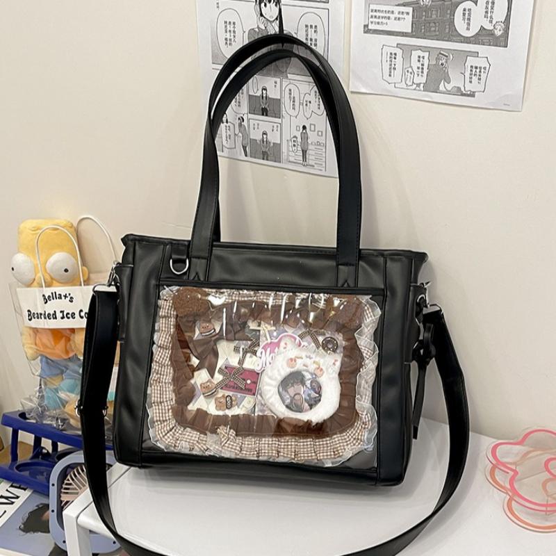New PU Luxury Large Ita Bag with Insert Women High Quality Big Clear Window Shoulder Bag Anime Pin Display Girl Bow Handbags