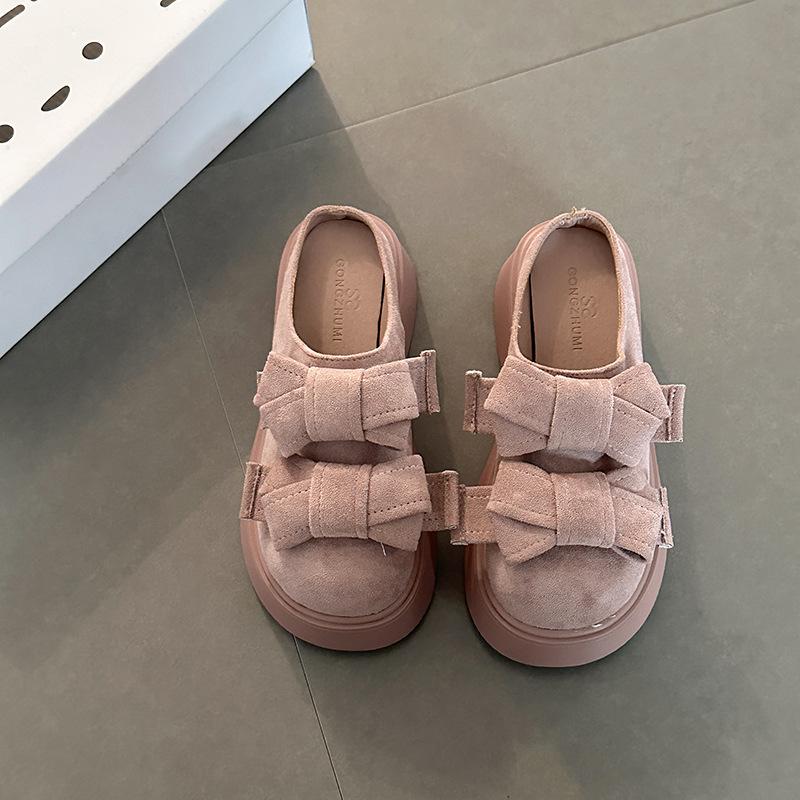 Design sense versatile single shoes bow thick-soled bag head half slippers women's summer fashion solid color suede lazy slippers