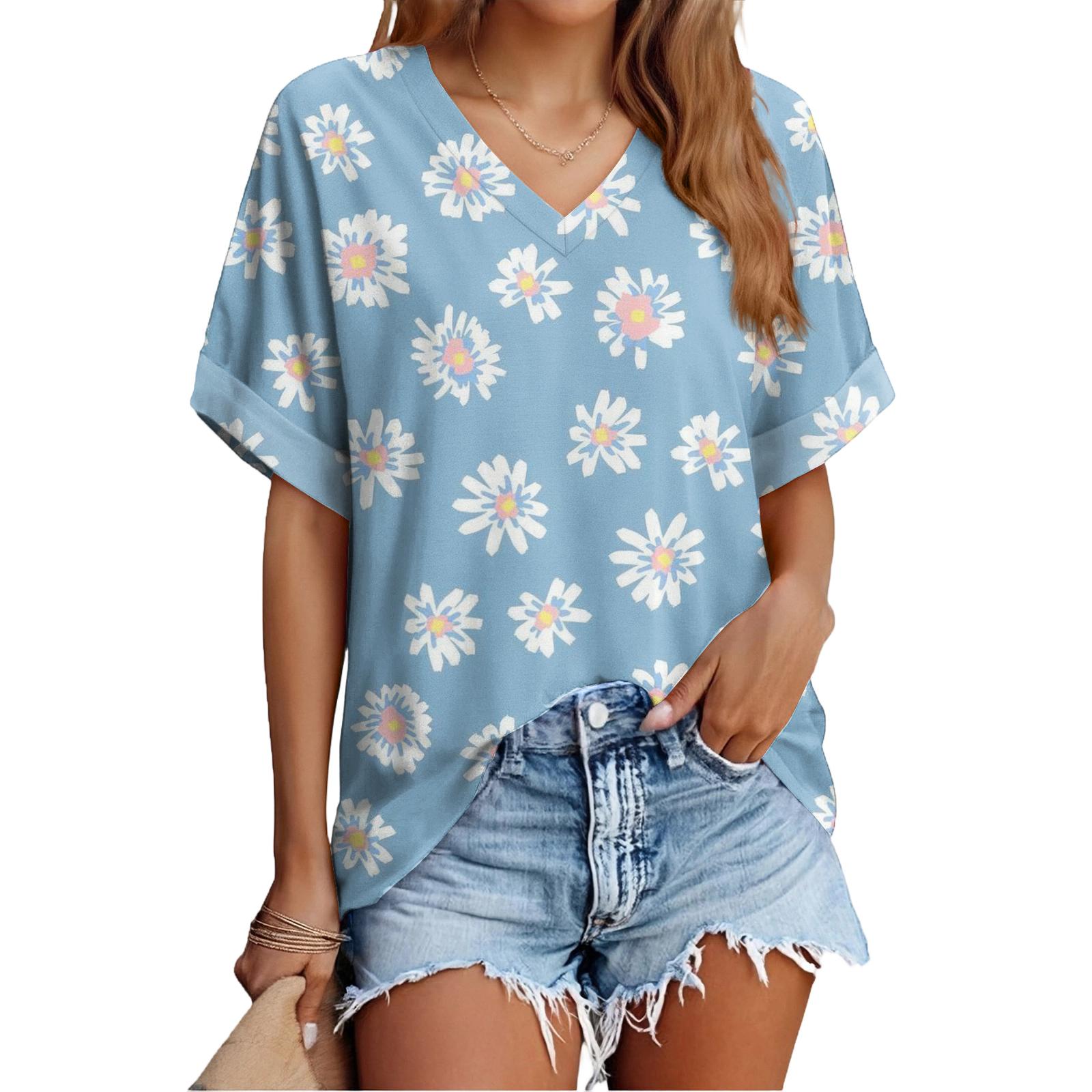 

Women s Fashionable Casual Everyday Versatile Floral Print Slim-Fit Summer Short-Sleeve Top S