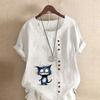 Women's Fashion Blue Cat Prined Short Sleeve T-shirt Loose Cotton Shirt Casual Loose Summer Blouse Tops Plus Size