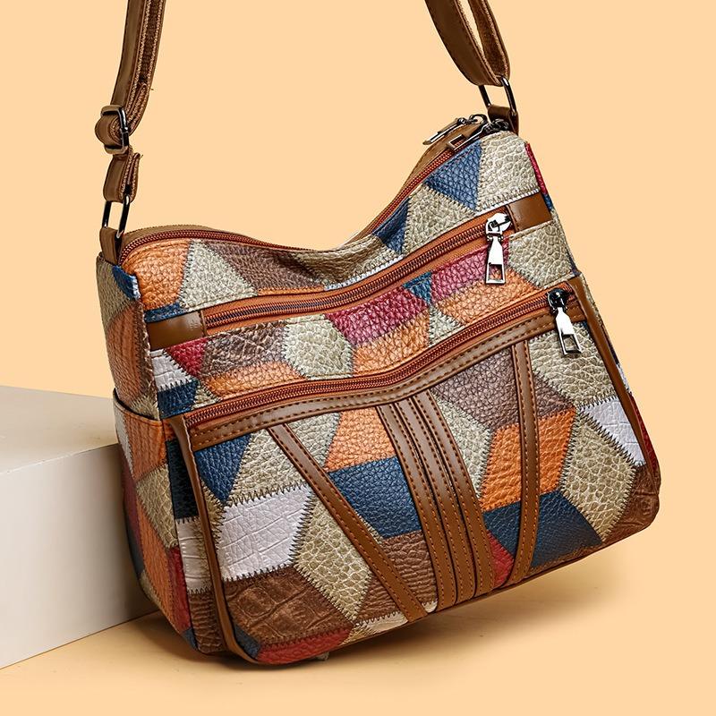 New Middle-Aged Mom Crossbody Bag Patchwork Color-Block Fashion Vintage Multi-Compartment Large Capacity Commuter Shoulder Bag