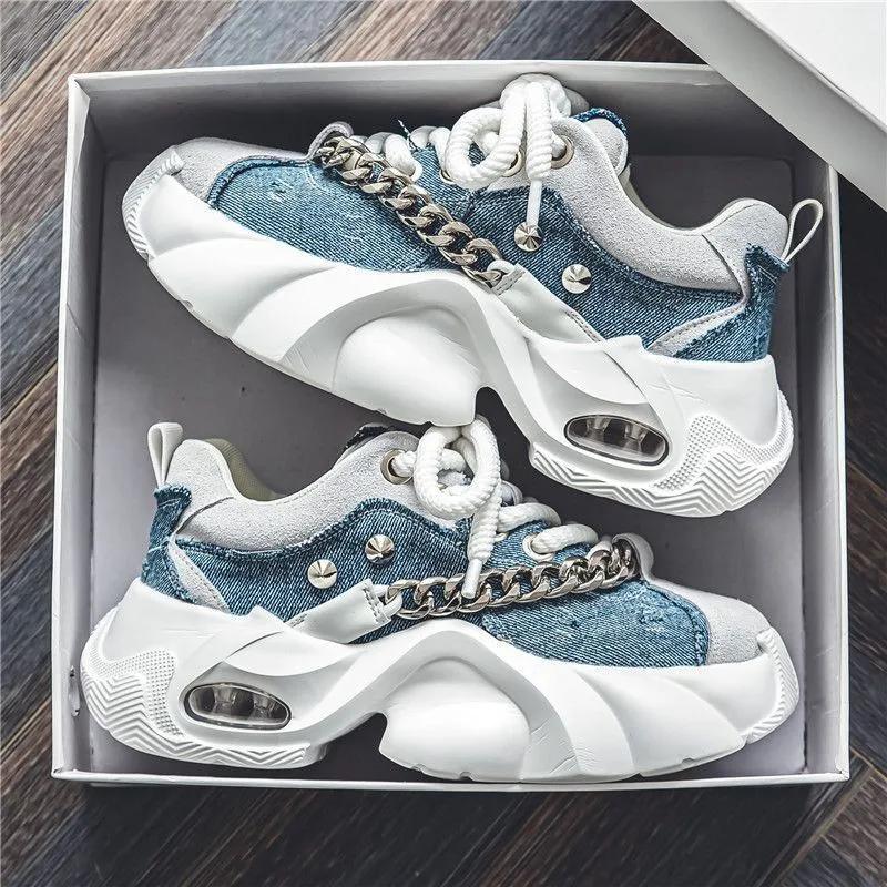 Fashion Men's Shoes  Autumn New Trendy Thick Soled Height Increasing Shoes Wear-resistant Metal Chain Tie Comfort Rivet Sneakers 2025